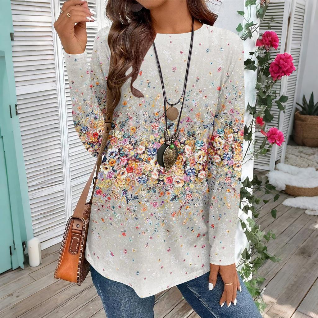 Women's Casual Plus SizeLong Sleeved Round Neck Vintage Ethnic Printing T-shirt Top Pullover
