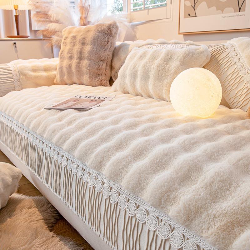 High Quality Thick Cloud Plush Sofa Cushion Wavy Stripes Plush Anti Slip Winter Soft Sofa Cover Cloth Couch Chair Mat Home Decor