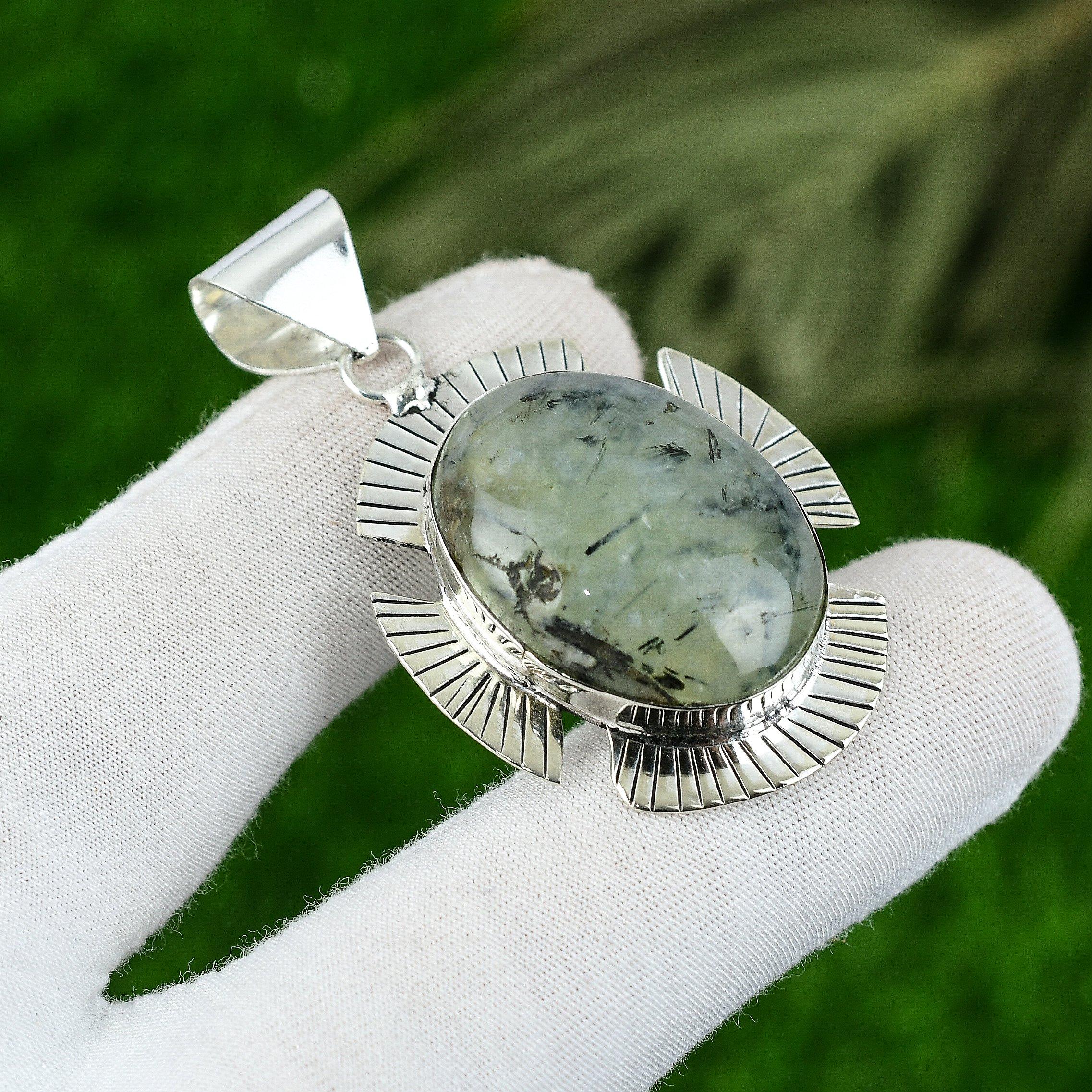 

925 Sterling Silver Moss Prehnite Stone Elegant Mother Bezel Artisan New Pendant