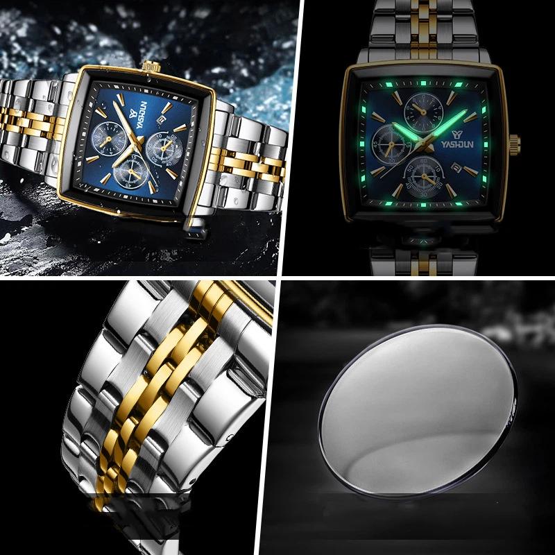 Orologio da uomo quadrato di marca nuova, lusso leggero, elegante, casual da lavoro, cinturino in acciaio, luminoso, impermeabile, da polso