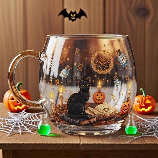 Halloween Painted Glass Mug Spooky Black Cat & Pumpkin Pattern