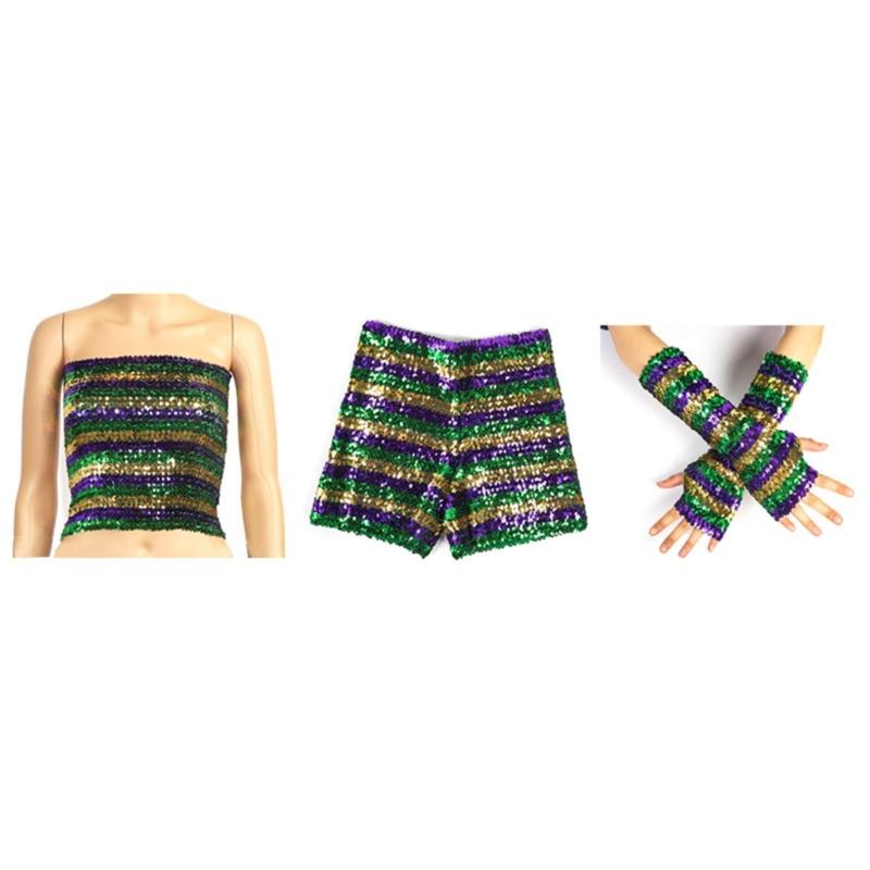 Mardis Gras Costume Accessories Sequins Tube Top Shorts Arm Sleeves Halloween Cosplay Costume for Carnival Masquerades