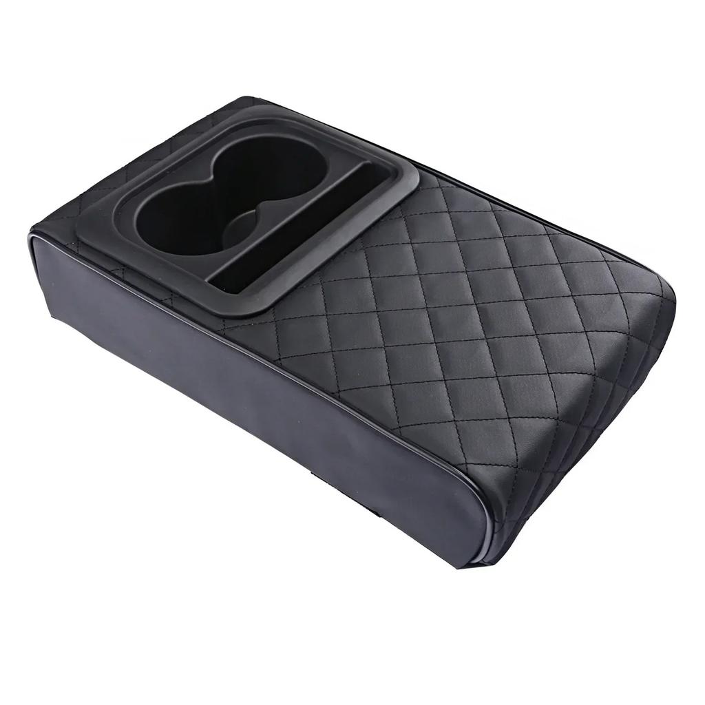 Car Armrest Cushion with 2 Cup Holders PU Leather Center Console Arm Rest Pad Portable Auto Pillow Heightening Cover Universal
