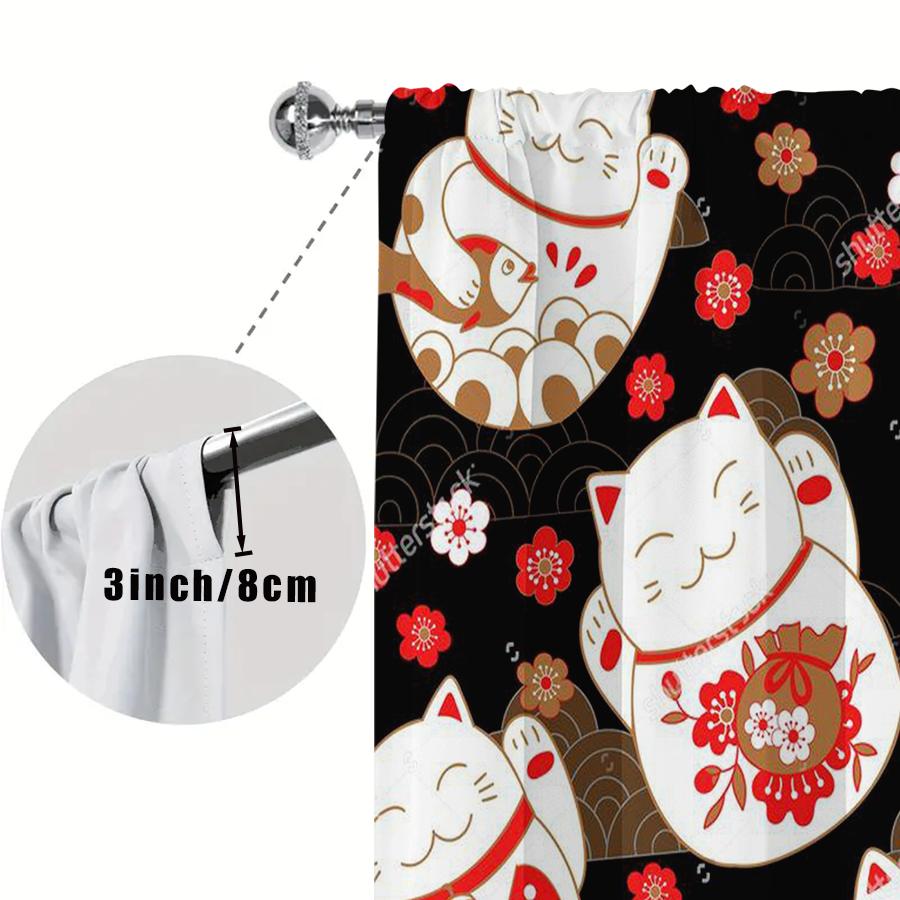 2PCS Digital Print Curtains, Black Maneki Neko Lucky Cat Red Sakura Pattern, Japanese Style for Bedroom Living Room Decor