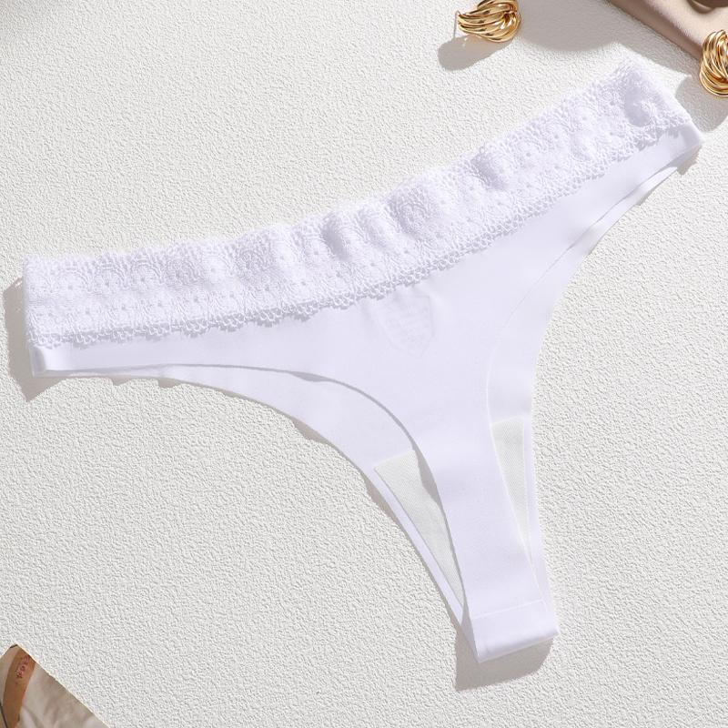 Women's Sexy Traceless T-Back Thongs Panties Seamless Solid Color Lace Trim Cozy Underwear Female Low Waist G-String Lingerie