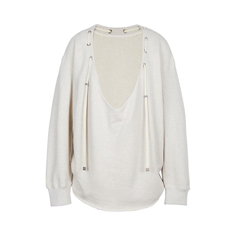 LESS 2026 Spring V-Neck Cotton Long-Sleeve Sweatshirt