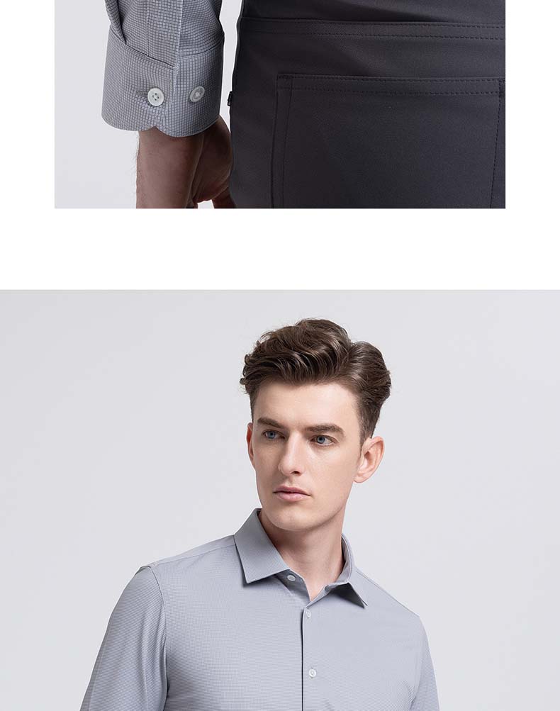 [Containing Mulberry Silk] Langdeng Spring/Summer Anti Wrinkle Men's Formal Shirt with Grid Pattern Business Casual Long Sleeve Shirt for Men