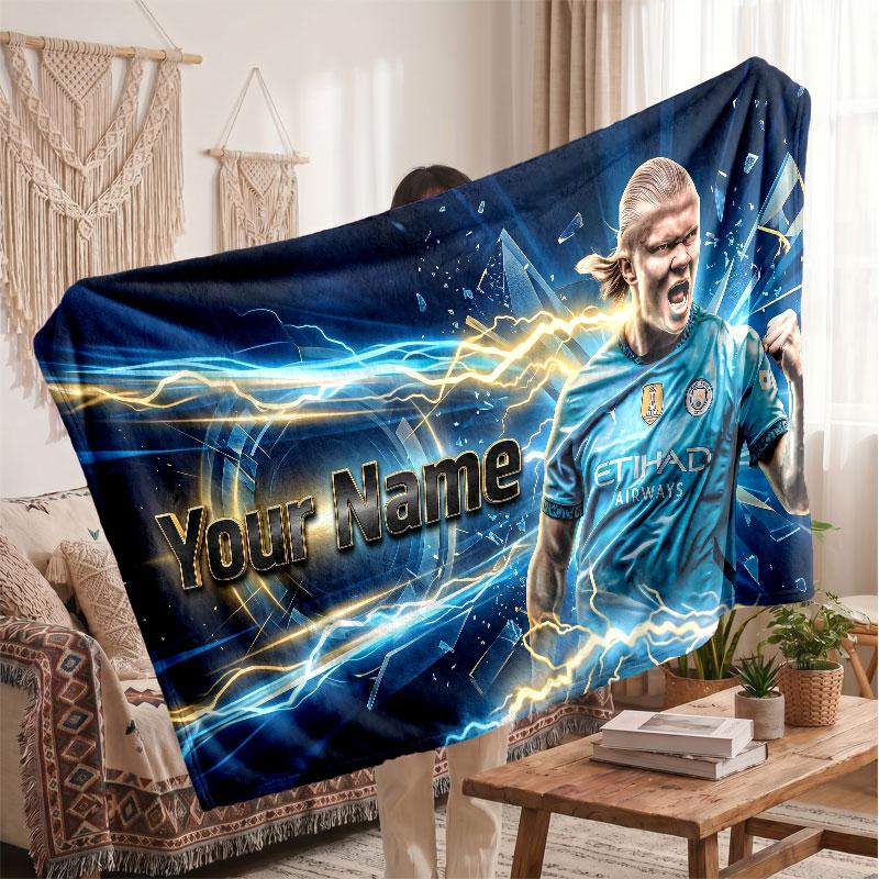 Erling Haaland Personalized Fleece Blanket With Football Logo, Custom Name Text Soft Warm Home Throw Blanket