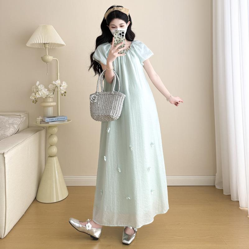 Summer 2026 Maternity Puff Sleeve French Loose Plus Size Belly Covering Dress Large