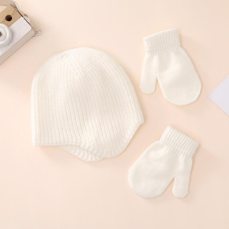 Solid Color Newborn Beanie Hat Mitten Set Warm Knitted Cap Hospital Hat for Toddler Girls Boys Ears Protections Hat