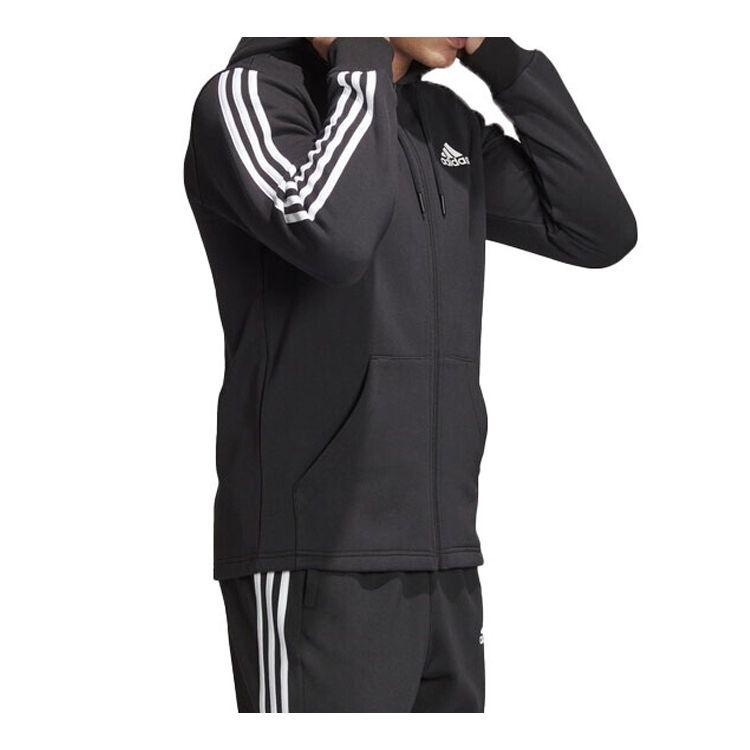 Adidas Printed Three-Stripes Fleece-Lined Hooded Knit Jacket Men Jackets Black DQ1455