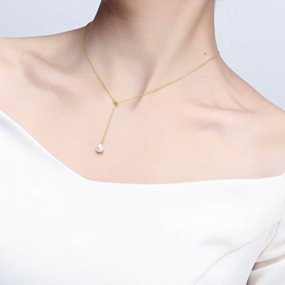 [S] Long Pearl Adjustable Ring Fashion Necklace_Ih