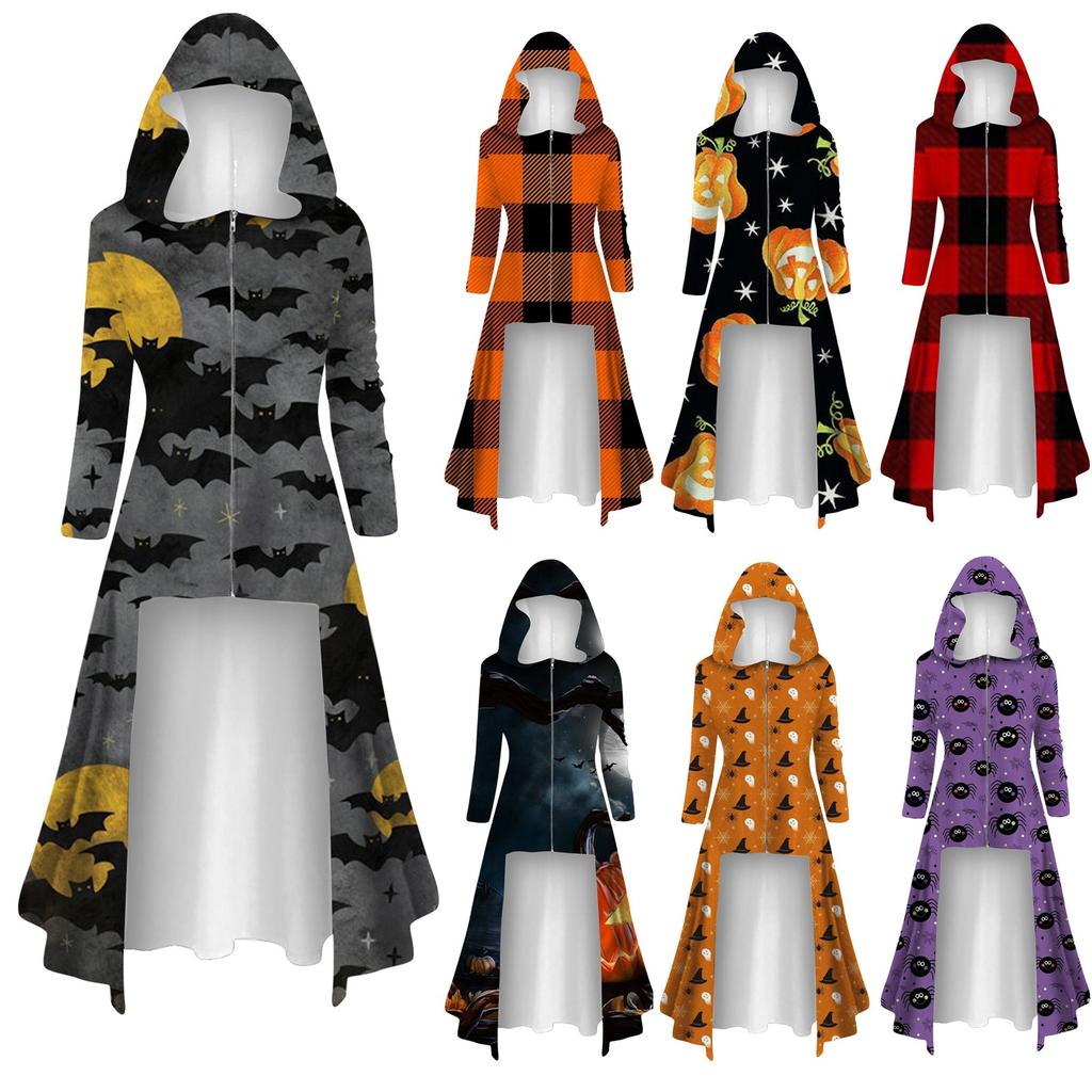 Mode Damen Tops Halloween Langarm Lange Kapuze Vintage Reißverschluss Cape Lose Kleider