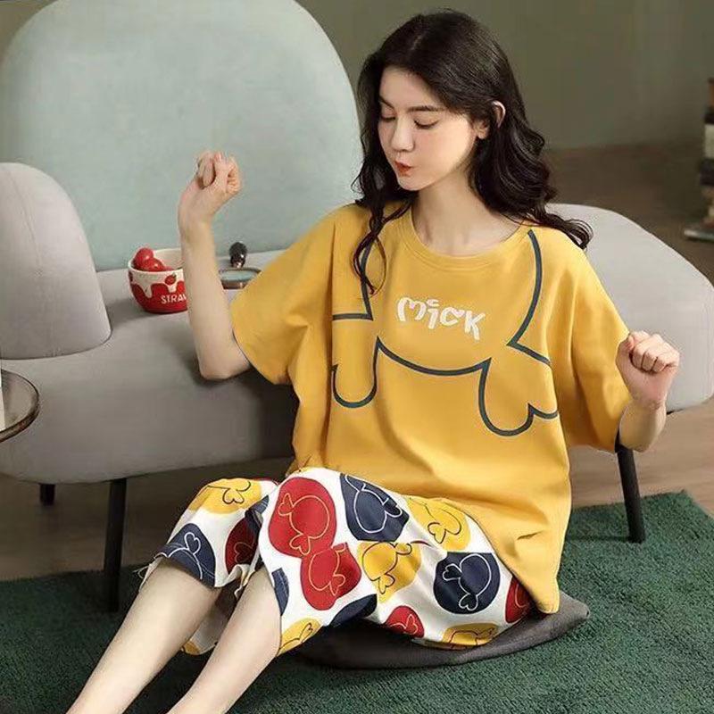 Women's Summer Pajama Set - Round Neck, Short Sleeve, Seven-Point Pants, Comfortable Casual Two-Piece