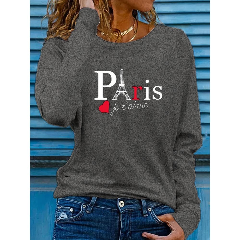 Women's Spring and Autumn Fashion Comfortable Long Sleeve Paris Eiffel Tower Pattern Printed Round Neck T-shirt