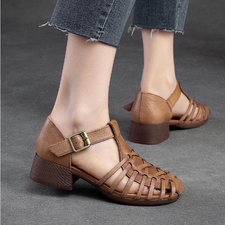 Johnature Sandales respirantes tricotées ajourées pour femmes, chaussures rétro en cuir véritable confortables à talons épais