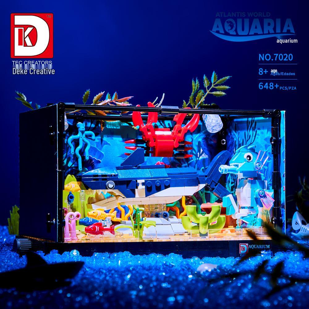 Aquarium Jellyfish Building Blocks: Shark Ecosystem Tank with Lights & Tropical Rainforest Ornament