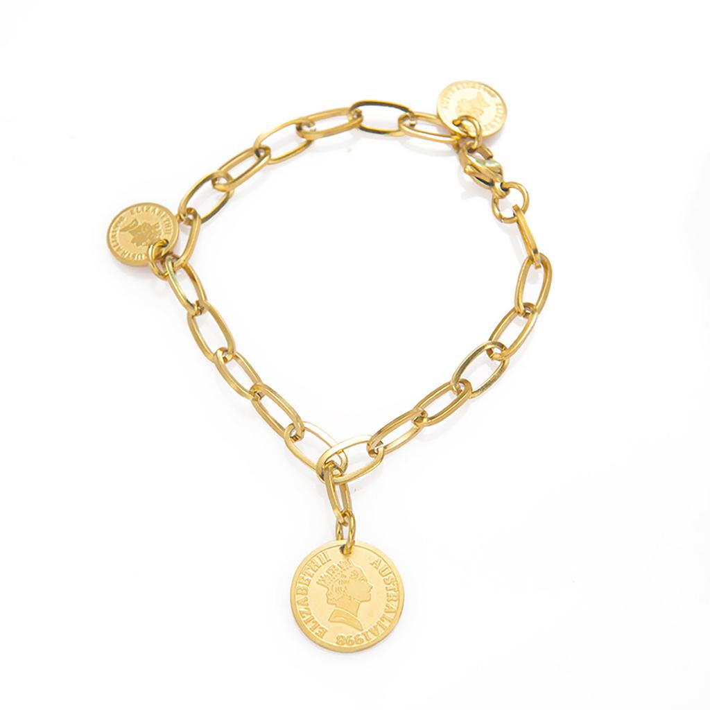 Bracelet Pièce Tête de Reine Vintage Acier Titane Plaqué Or Véritable O Mode Pendentif Rond Bijoux Acier Inoxydable