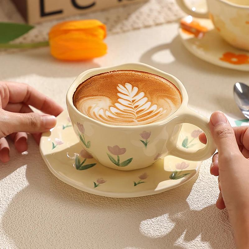300ML Korean Style Hand Pinched Irregular Ceramic Mug Hand-painted Flower Heart Coffee Cup Breakfast Milk Afternoon Tea Cup Gift