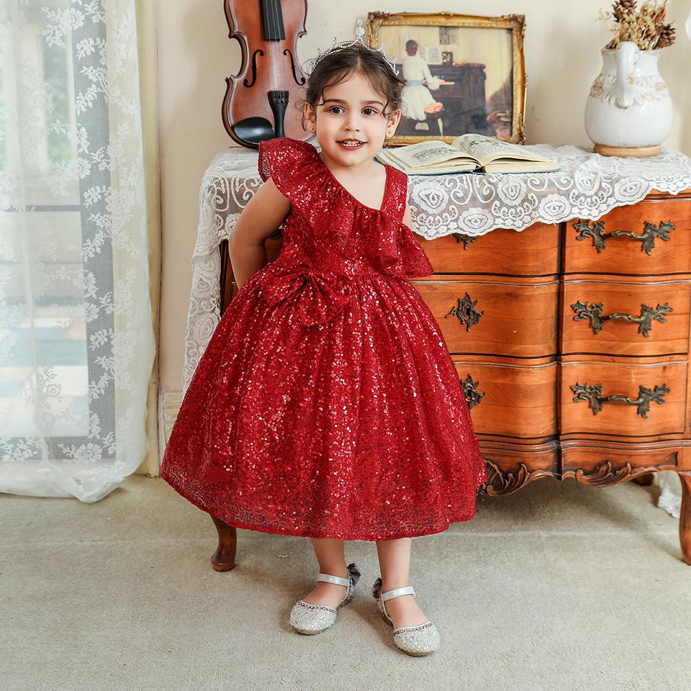 2024 Kinder Pailletten Blumenmädchenkleid - Aufgebauschtes Rockteil Hochzeit/Geburtstag Prinzessinnenkostüm