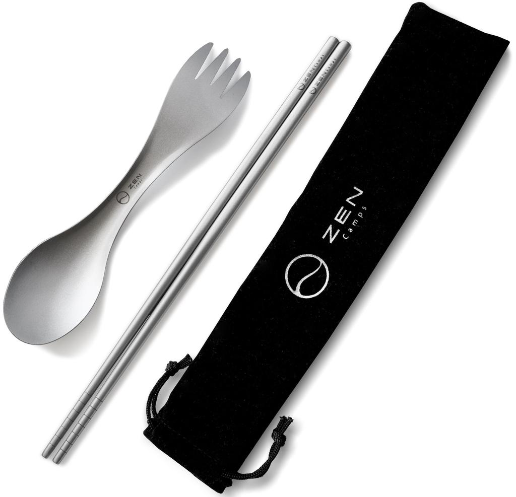 ZEN Camps Titanium Cutlery with Storage Bag Set Chopsticks, Spoon, Fork, Cookware, Ultralight, Outdoor, Hiking, Camping, (Set)