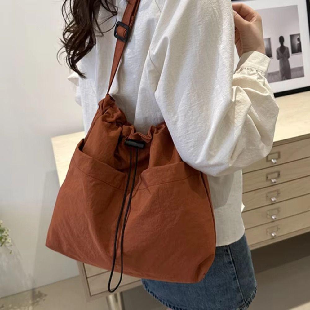 Solid Color Versatile Shoulder Bag Oxford Cloth Drawstring Shoulder Bag  Summer Popular
