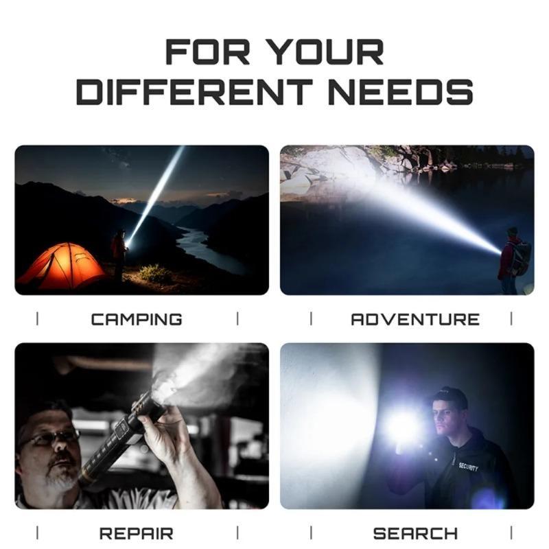 Dual Light Source Flashlight 7200mAh Rechargeable Battery Zoomable Focus Chip 8 Modes Digital Display Outdoor Camping Hikin