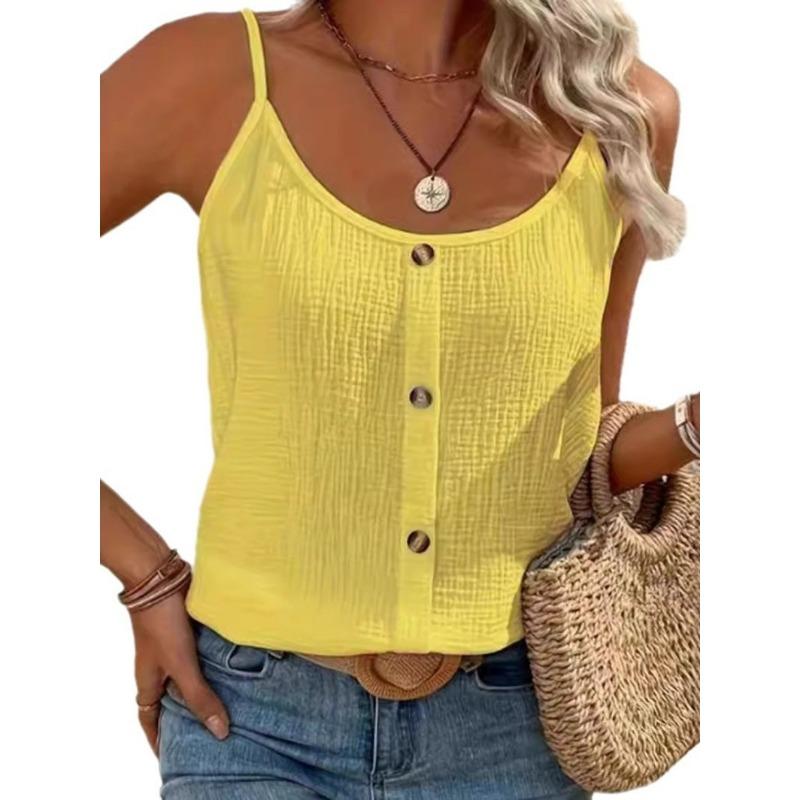 Damen Uni Geripptes U-Ausschnitt Falsche Knopfleiste Spaghettiträger Locker Lässiges Cami Tanktop