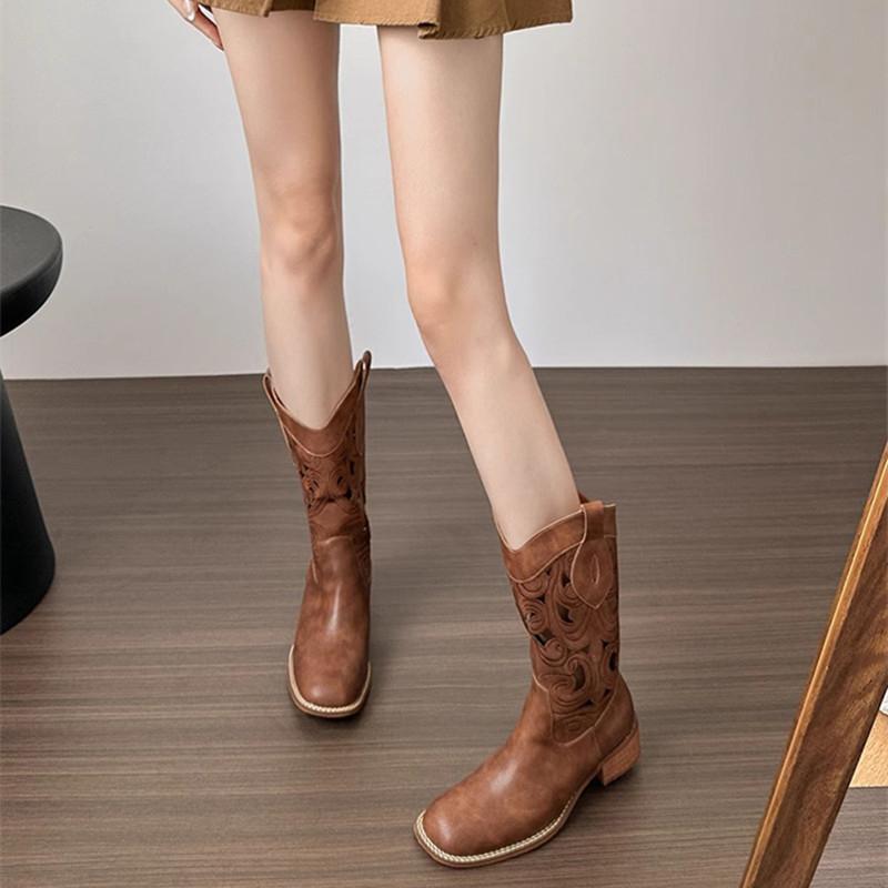 Fashion New Luxury Hollow Embroidered Vintage Western Boots Women Autumn Chunky Heels Knee High Cowboy Boots Woman Leather Knight Boots