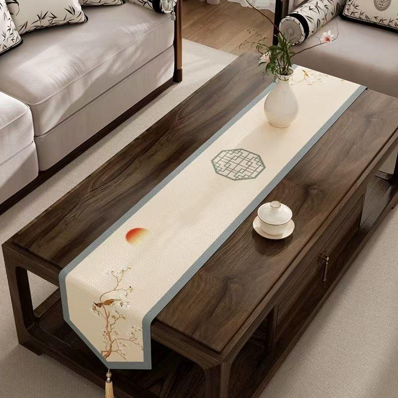 Chinese Style Table Flag Waterproof Oil Resistant Tassel Table Runner Tea House Tea Towels Zen Tea Table Cloth Hotel Bed Flag
