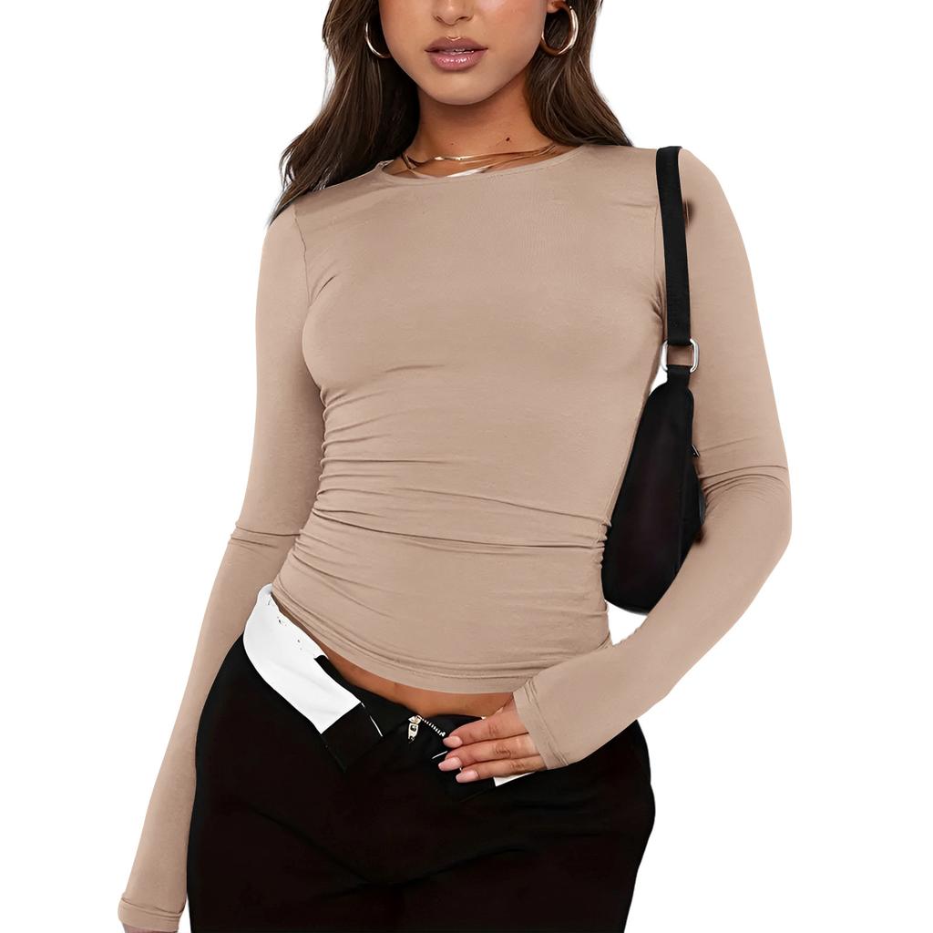 Women's Fashion Solid Colour Round Neck Long Sleeve T-Shirt Top