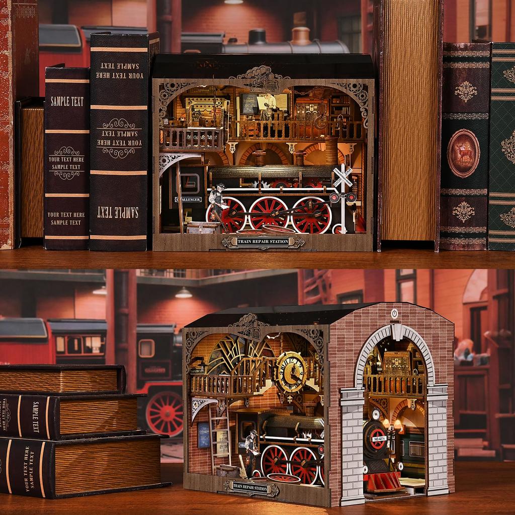 CRESYMME Book Nook Dollhouse Reeds Miniature House Log Cabin Kit Wooden 3D Puzzle DIY Adult with LED Light (Steam Railway Workshop)