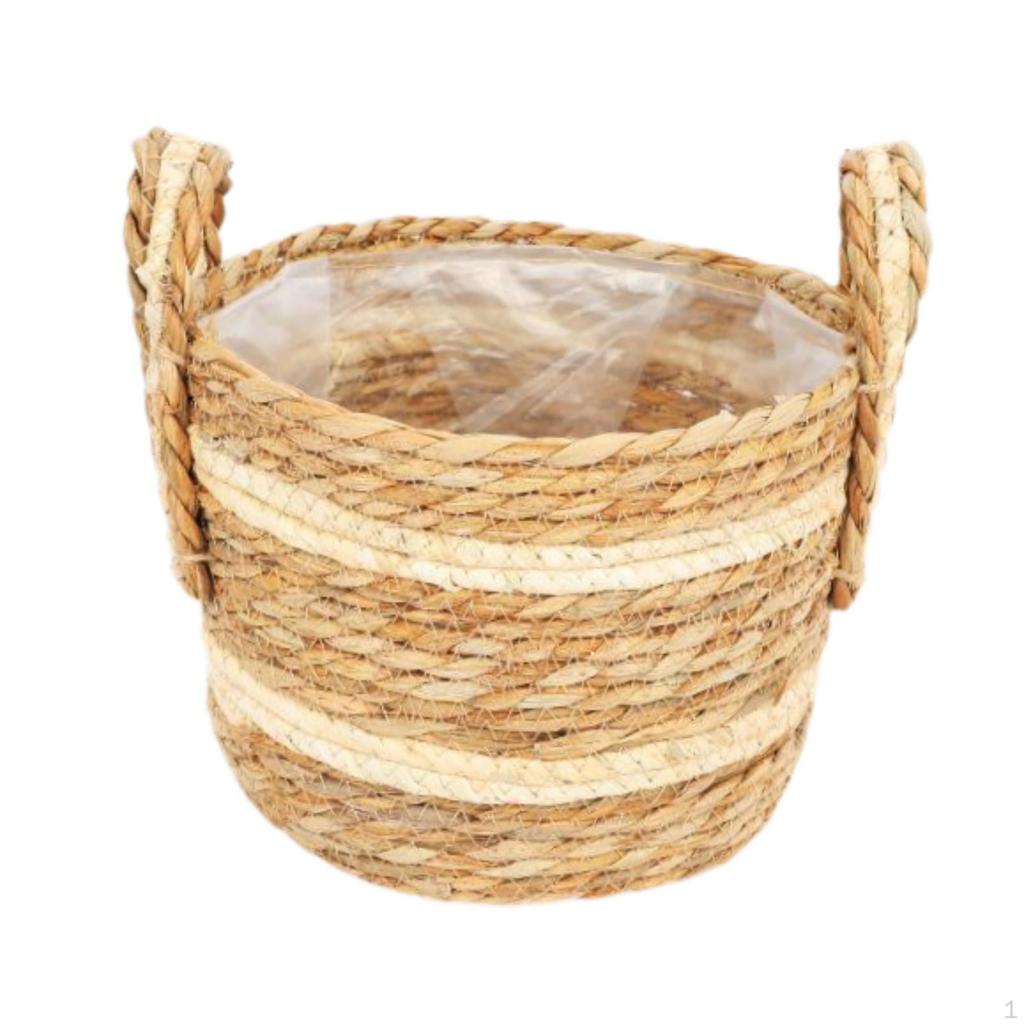 Woven Planter Basket Plant Pot Cover Decorative Wrap Organizer with Liner Handles for Yard