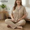 Damenmode Frühling Sommer Einfarbiger Druck Kurzarm POLO-Kragen Lässiges Pyjama-Set