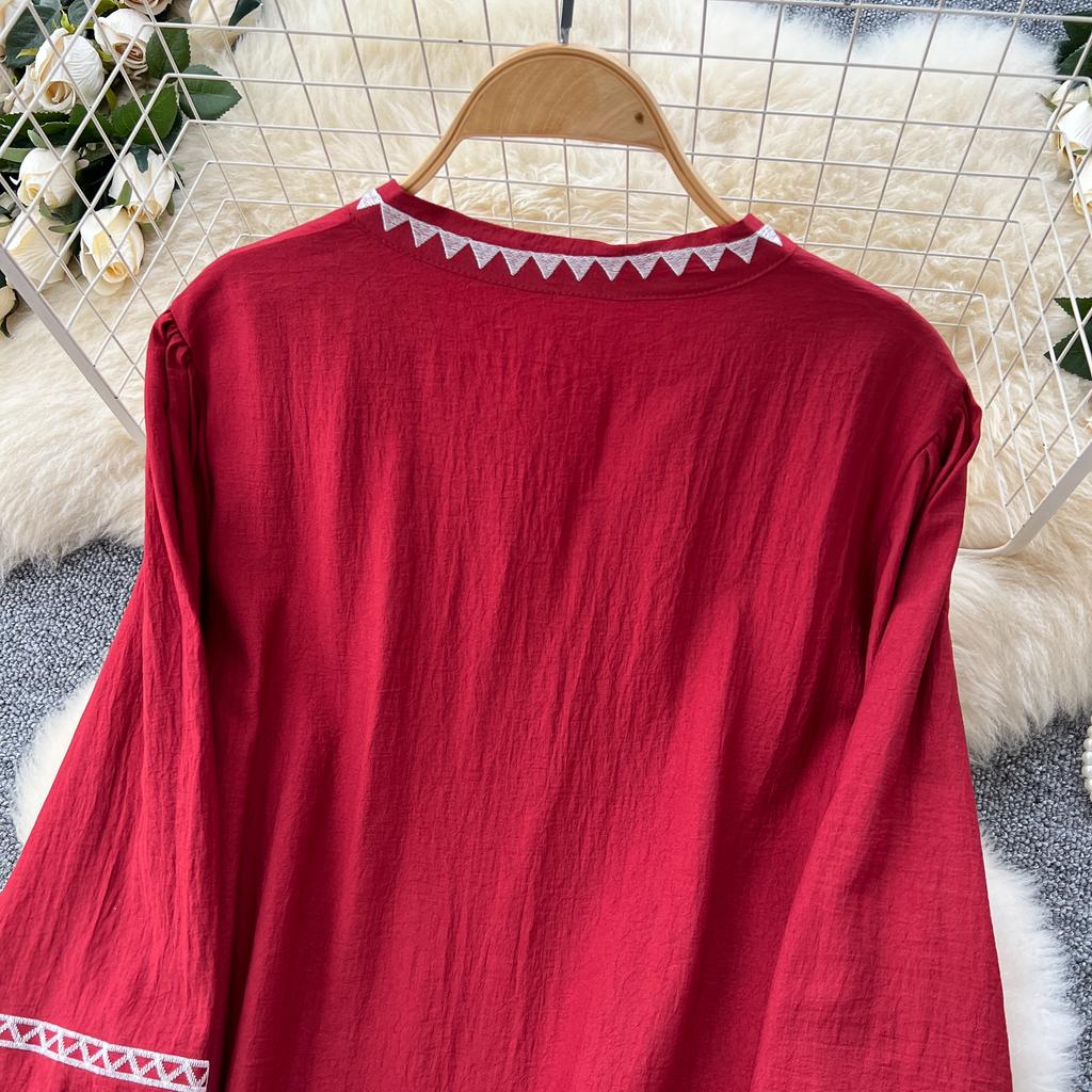 Schickes Vintage Langarm Locker Schlank Elegant Fee Koreanische Mode Boho Sommerkleid Damenbekleidung Langes Kleid