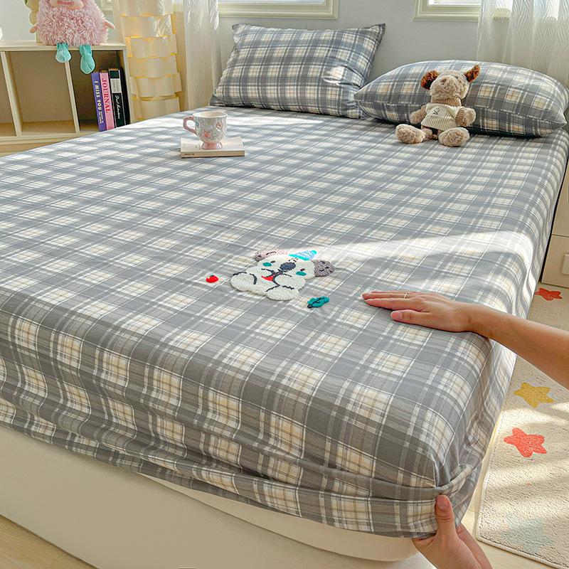 

New Style Washed Cotton Fitted Sheet Single Piece Towel Embroidered Mattress Protector Bed Cover Student Dormitory Single Sheet Set 90X200cm-single bed hat