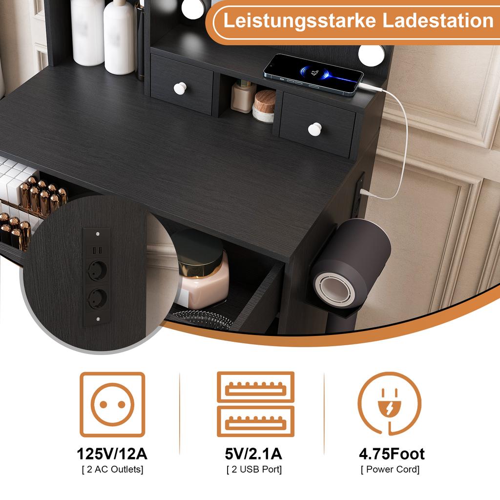 Small Vanity Table with Mirror and Adjustable LED Lighting, Socket, Hair Dryer Holder & Padded Stool - with Drawers and Shelf, Black, W60/H131.5/D38cm