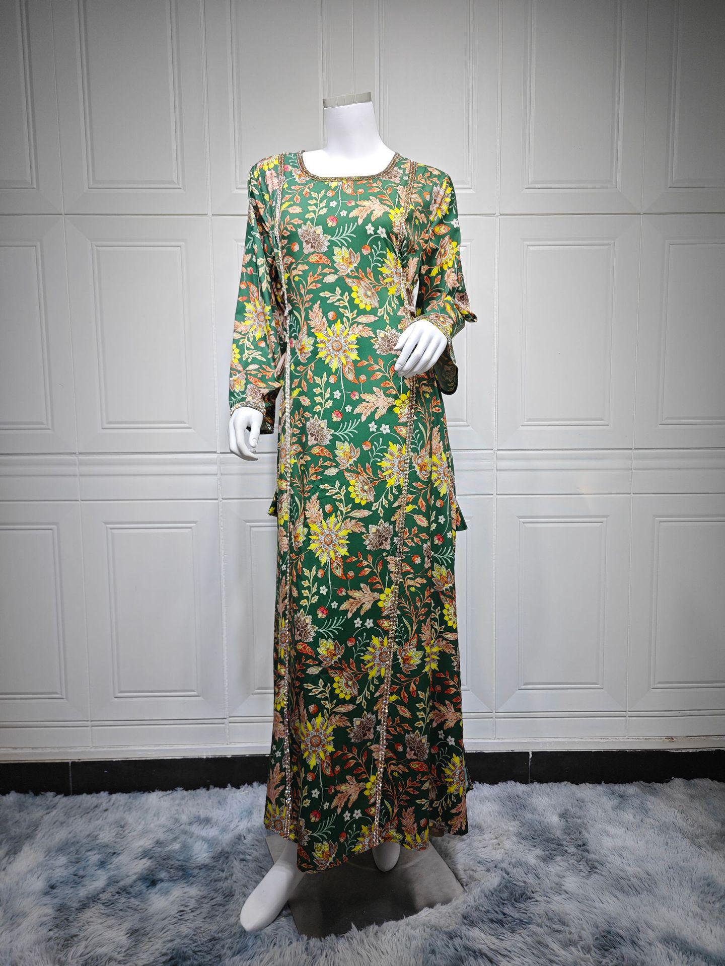 

AB439 Платье-джалабия с модным принтом и бриллиантами для женщин Ближнего Востока L темно-зеленого