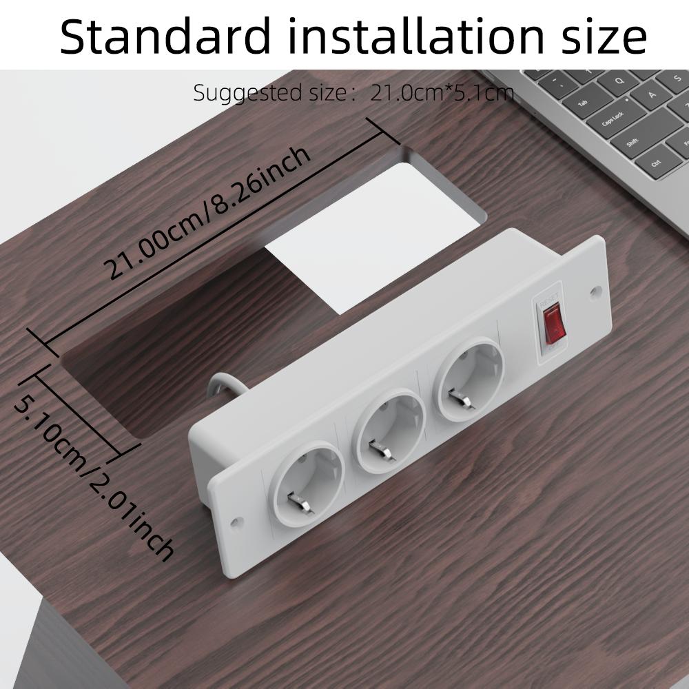Furniture Embedded Power Socket 3 AC Ports With Reset Power Switch Recessed Power Strip For Desk Counter Cabinet Installation