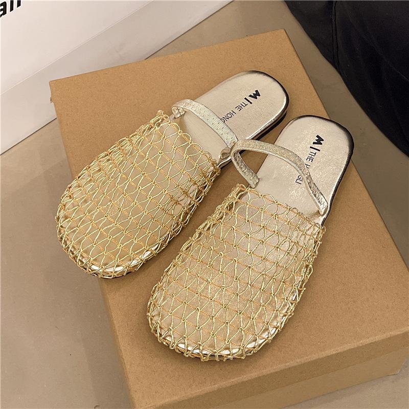 Temperament French Slippers Korean Version of Muller 2025 Summer New Hollow Mesh Bag Head Half Slippers Breathable Lazy Cool