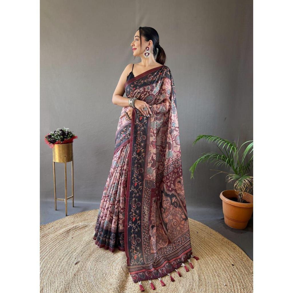 Italian Digital printing technology on cotton weaves. The fabric is soft and easy to drape. Beautiful pallu and border all over the saree with tassels