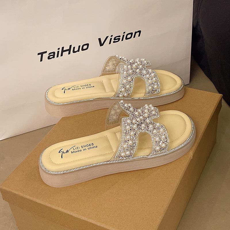 Slope heel thick bottom beautiful cool slippers women's summer wear 2025 new with skirt flat bottom seaside beach one-word drag