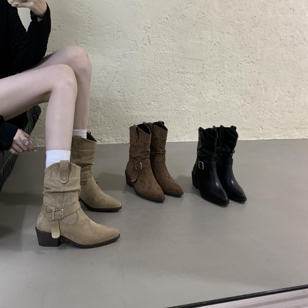 Thick Heel Martin Boots Women's Autumn and Winter Short Boots 2025 New High Heel Boots French Retro Short Boots Pleated Stacking Boots