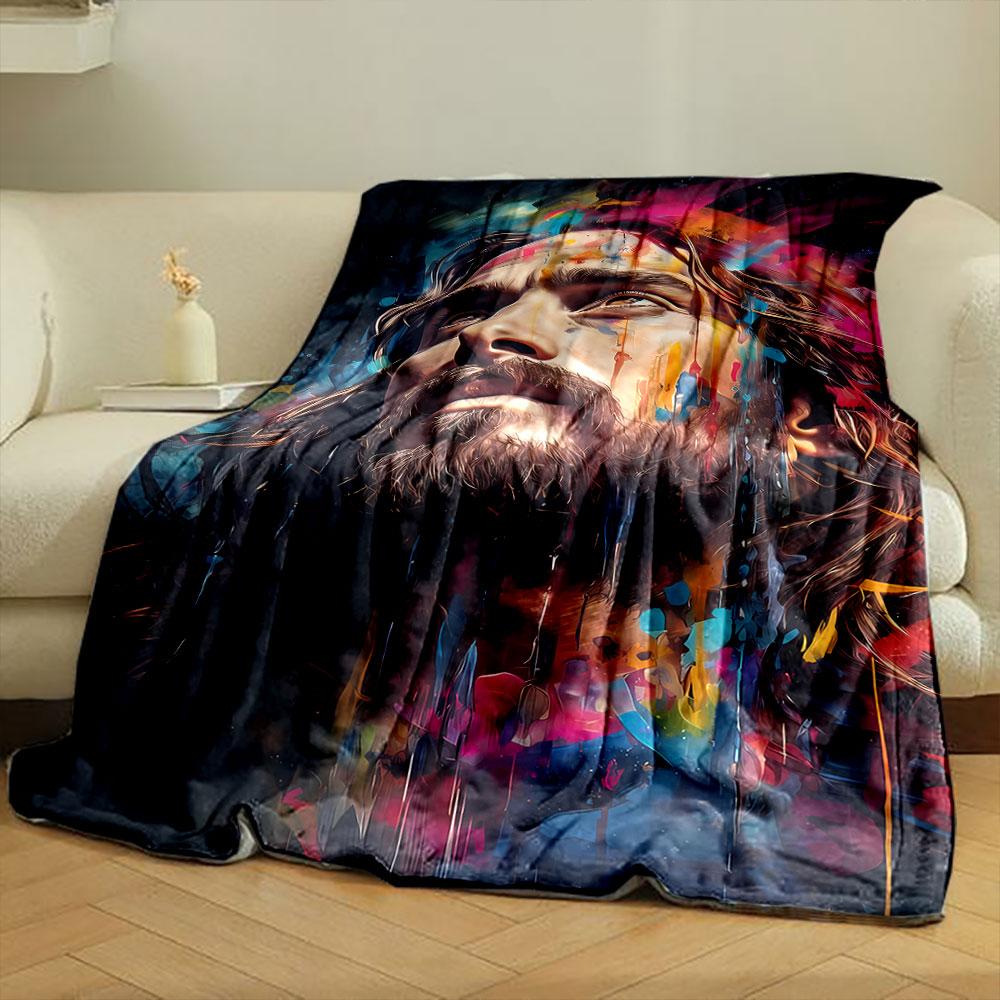 Jesus Portrait Colorful Art Blanket Bedroom Blanket for Livingroom Couch Lunch Break Soft Throw for Friend's Festival Gift