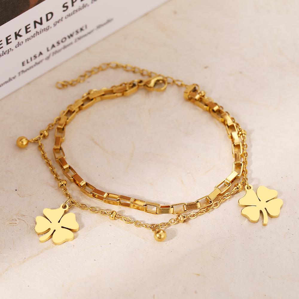 Stainless Steel Bracelets Trendy Fine Bell Clovers Pendant Beads Layer Chain Fashion Bracelet For Women Zircon Festival Gifts