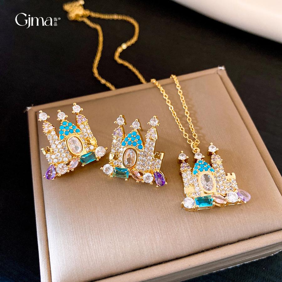 French court style zircon geometric castle earrings stud earrings exquisite personality earrings