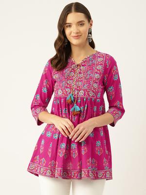 Pink Floral Printed Pure Cotton Sequinned Kurti