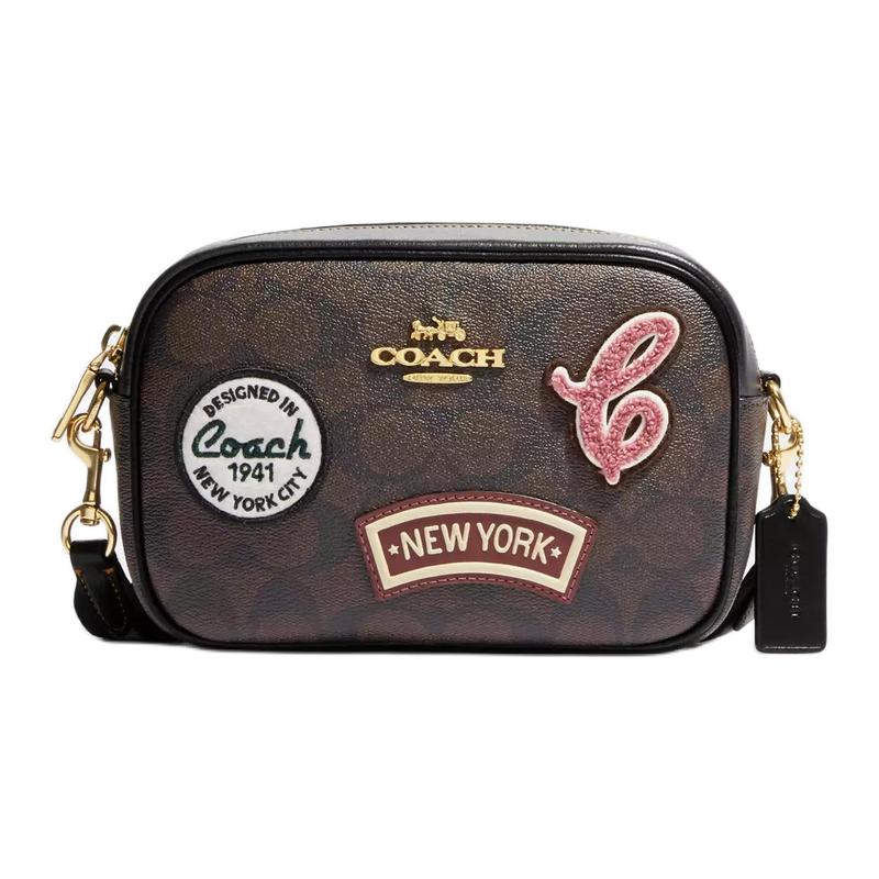 

COACH Jamie 19 classic presbyopia cartoon patch zipper closure canvas with leather camera bag shoulder crossbody bag mini women s dark brown коричневий