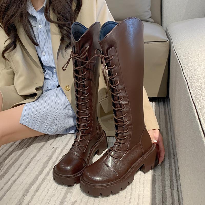 

Fashion Winter Women Zipper New Long Boot Fashion Lace Up Non Slip Shoes Casual Thick Soled Trend Boots Comfortable Ladies Shoe Botas 35 коричневый