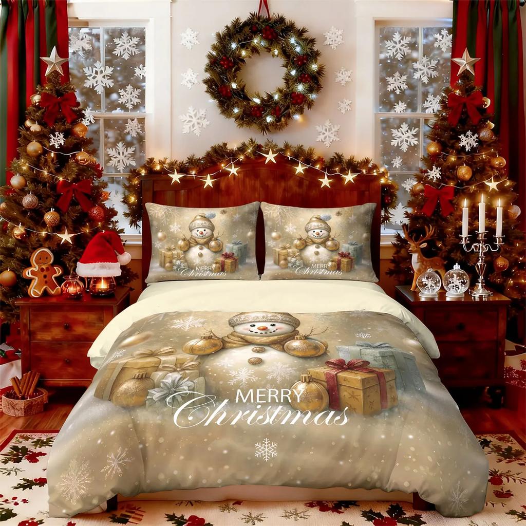 3Pcs Golden Christmas Snowman Bedding Set 3D Printed Chipless Duvet Cover Set Soft Dormitory Bedroom Decor Multiple Sizes